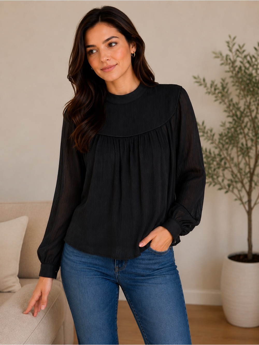 Amour Vert Black Sheer Pintuck Yoke Long-Sleeve Blouse